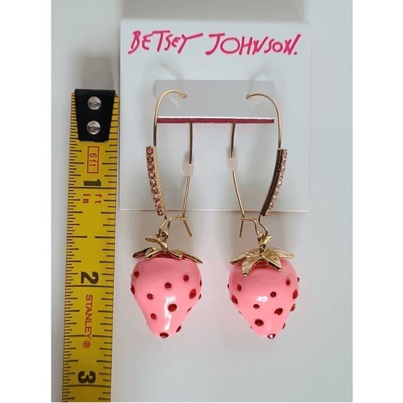 Betsey Johnson Hanging Pink/Red Strawberry Gem Drop Earrings NWT - Picture 7 of 10